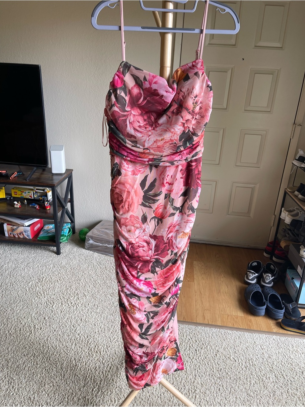 Express Pink Floral Strapless Maxi Dress